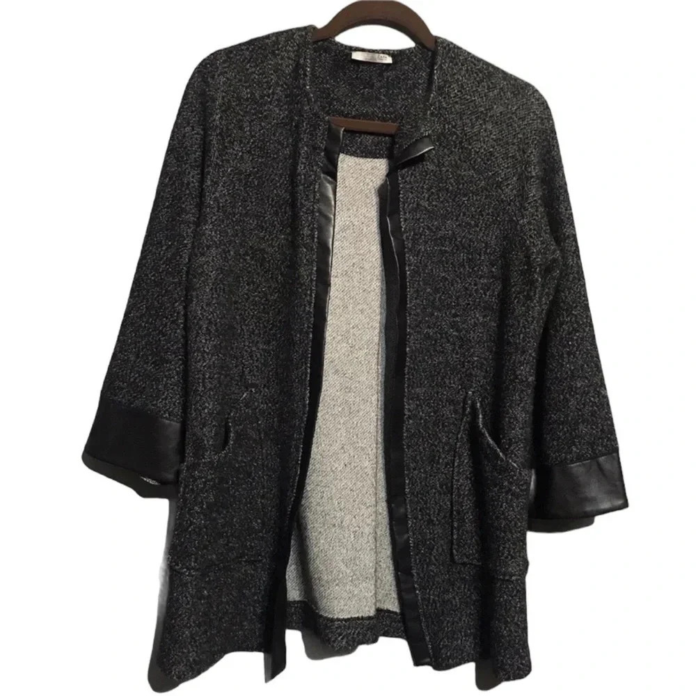 Zara Knit Open Draped Faux Leather Trim Blazer 
Size Small
Front pockets